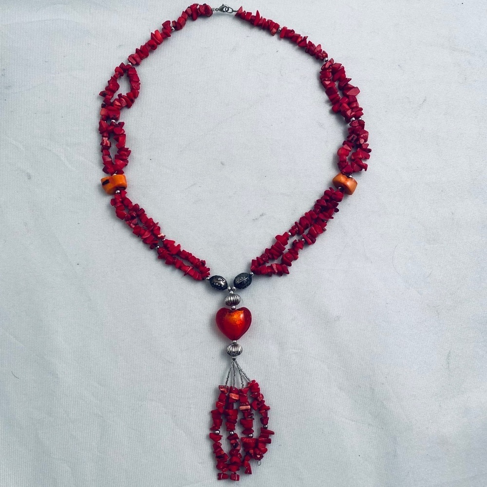 Red orange bead and glass necklace